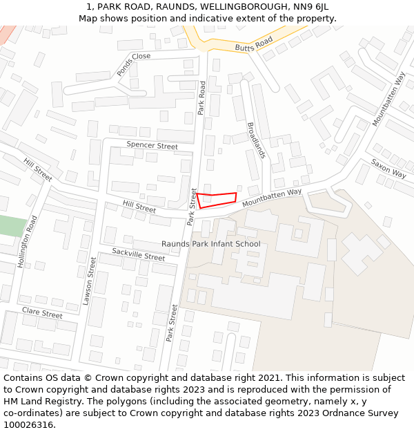 1, PARK ROAD, RAUNDS, WELLINGBOROUGH, NN9 6JL: Location map and indicative extent of plot