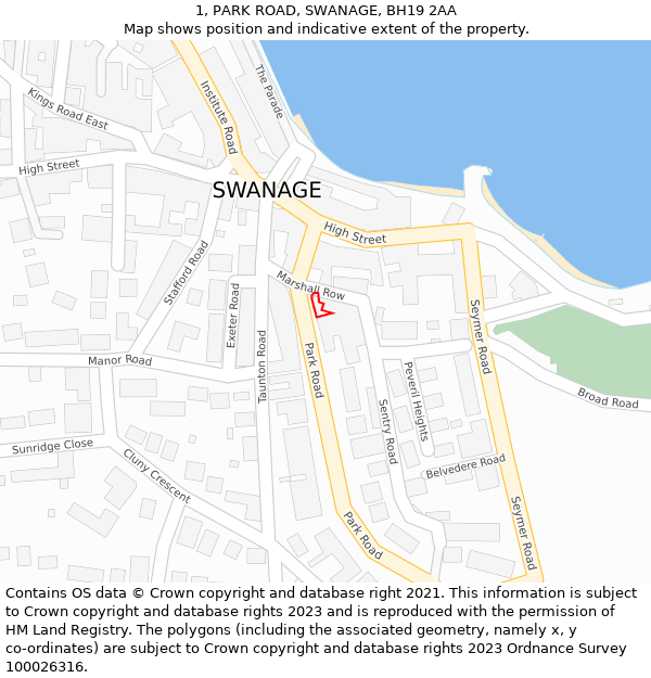 1, PARK ROAD, SWANAGE, BH19 2AA: Location map and indicative extent of plot