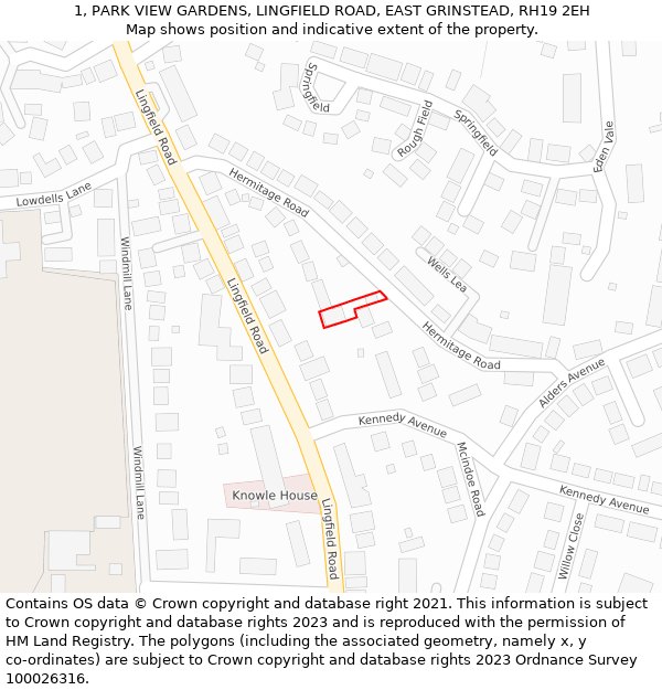 1, PARK VIEW GARDENS, LINGFIELD ROAD, EAST GRINSTEAD, RH19 2EH: Location map and indicative extent of plot