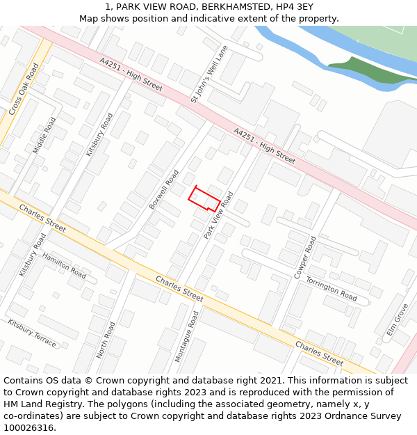 1, PARK VIEW ROAD, BERKHAMSTED, HP4 3EY: Location map and indicative extent of plot