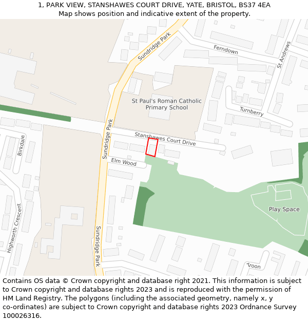 1, PARK VIEW, STANSHAWES COURT DRIVE, YATE, BRISTOL, BS37 4EA: Location map and indicative extent of plot