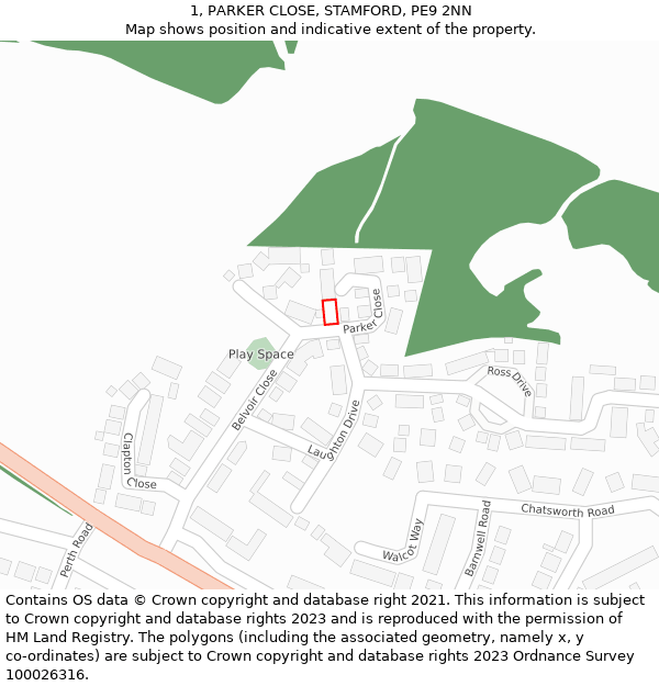 1, PARKER CLOSE, STAMFORD, PE9 2NN: Location map and indicative extent of plot