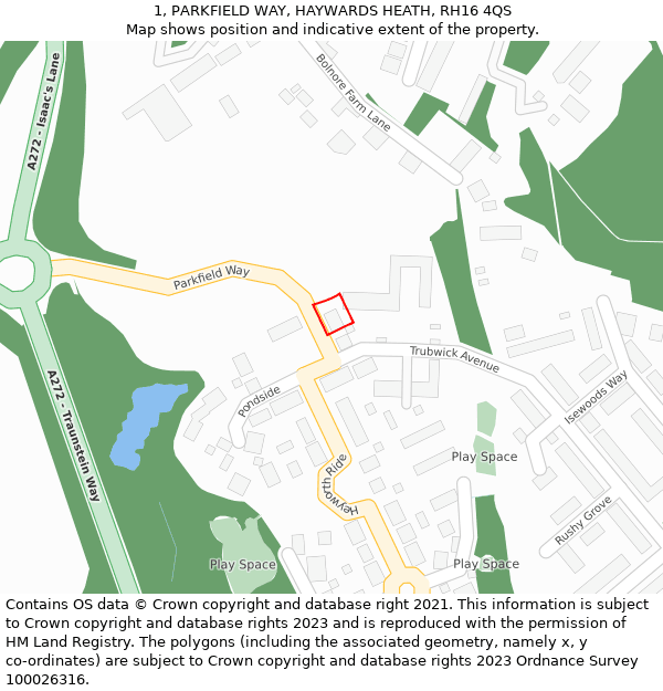 1, PARKFIELD WAY, HAYWARDS HEATH, RH16 4QS: Location map and indicative extent of plot