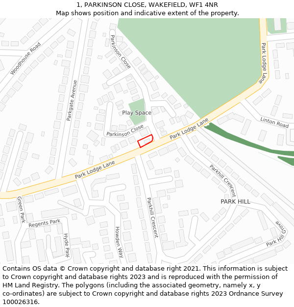 1, PARKINSON CLOSE, WAKEFIELD, WF1 4NR: Location map and indicative extent of plot