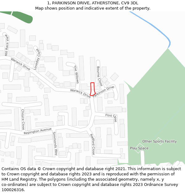 1, PARKINSON DRIVE, ATHERSTONE, CV9 3DL: Location map and indicative extent of plot