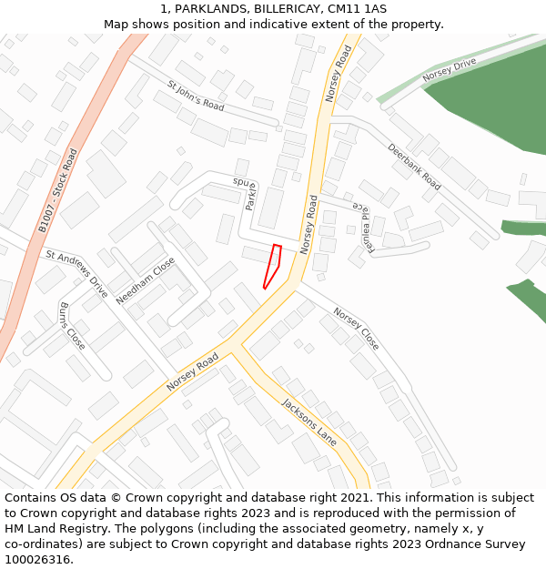 1, PARKLANDS, BILLERICAY, CM11 1AS: Location map and indicative extent of plot