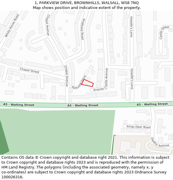 1, PARKVIEW DRIVE, BROWNHILLS, WALSALL, WS8 7NQ: Location map and indicative extent of plot