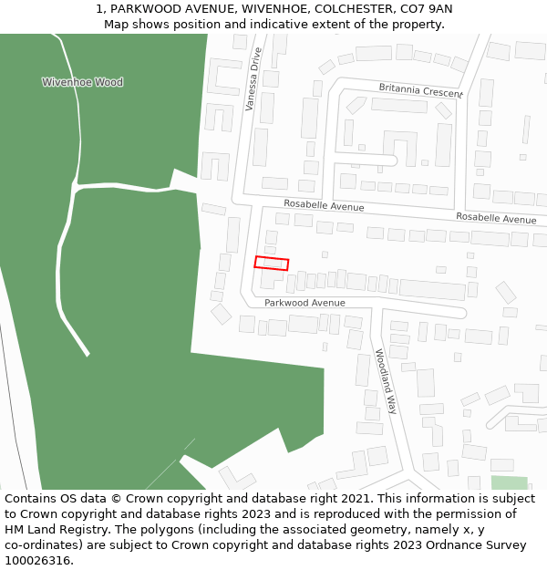 1, PARKWOOD AVENUE, WIVENHOE, COLCHESTER, CO7 9AN: Location map and indicative extent of plot