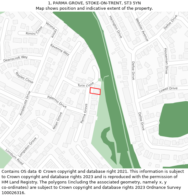 1, PARMA GROVE, STOKE-ON-TRENT, ST3 5YN: Location map and indicative extent of plot