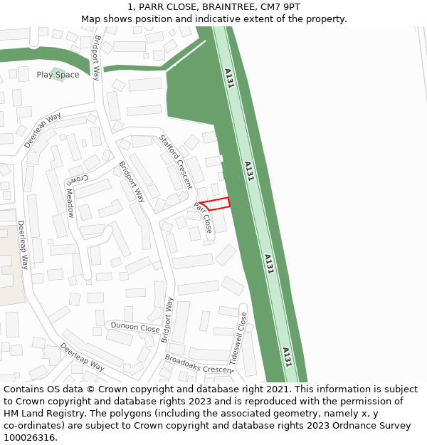 1, PARR CLOSE, BRAINTREE, CM7 9PT: Location map and indicative extent of plot