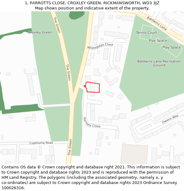 1, PARROTTS CLOSE, CROXLEY GREEN, RICKMANSWORTH, WD3 3JZ: Location map and indicative extent of plot