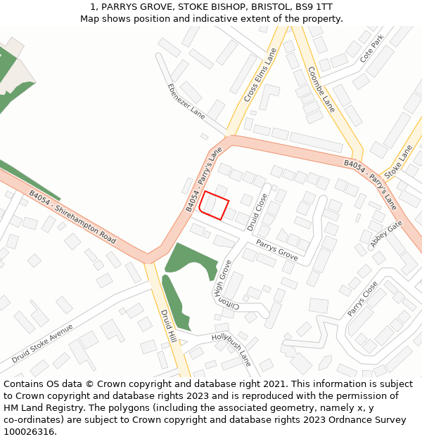1, PARRYS GROVE, STOKE BISHOP, BRISTOL, BS9 1TT: Location map and indicative extent of plot
