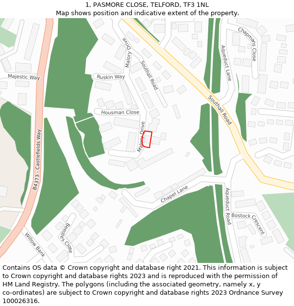 1, PASMORE CLOSE, TELFORD, TF3 1NL: Location map and indicative extent of plot