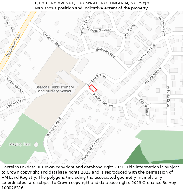 1, PAULINA AVENUE, HUCKNALL, NOTTINGHAM, NG15 8JA: Location map and indicative extent of plot