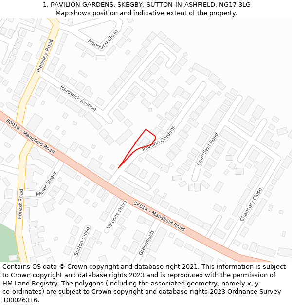 1, PAVILION GARDENS, SKEGBY, SUTTON-IN-ASHFIELD, NG17 3LG: Location map and indicative extent of plot