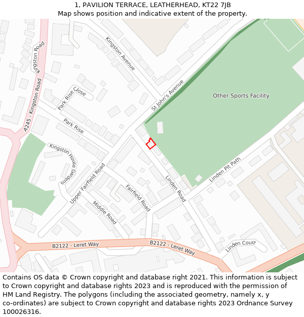 1, PAVILION TERRACE, LEATHERHEAD, KT22 7JB: Location map and indicative extent of plot