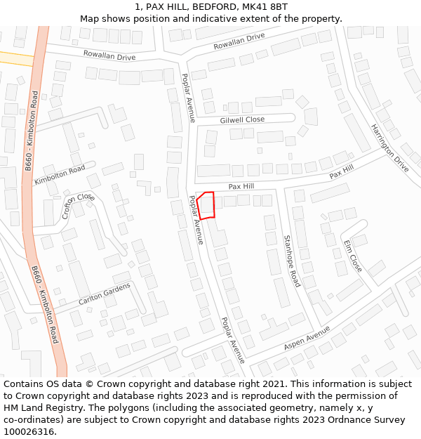 1, PAX HILL, BEDFORD, MK41 8BT: Location map and indicative extent of plot