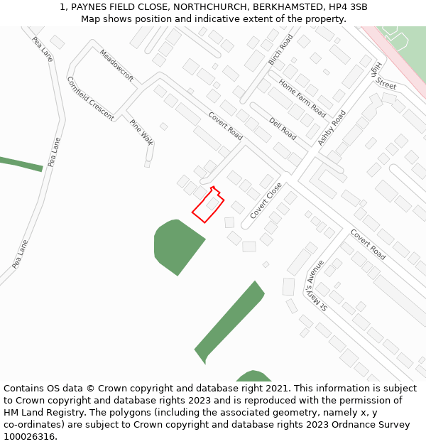 1, PAYNES FIELD CLOSE, NORTHCHURCH, BERKHAMSTED, HP4 3SB: Location map and indicative extent of plot