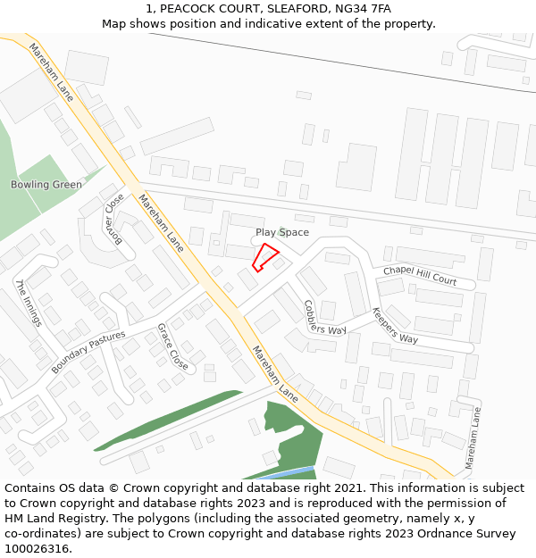 1, PEACOCK COURT, SLEAFORD, NG34 7FA: Location map and indicative extent of plot