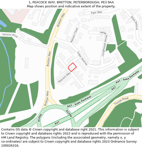 1, PEACOCK WAY, BRETTON, PETERBOROUGH, PE3 9AA: Location map and indicative extent of plot