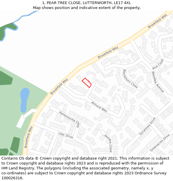 1, PEAR TREE CLOSE, LUTTERWORTH, LE17 4XL: Location map and indicative extent of plot