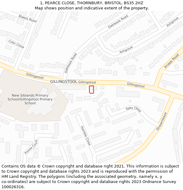 1, PEARCE CLOSE, THORNBURY, BRISTOL, BS35 2HZ: Location map and indicative extent of plot