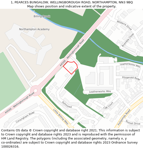 1, PEARCES BUNGALOW, WELLINGBOROUGH ROAD, NORTHAMPTON, NN3 9BQ: Location map and indicative extent of plot