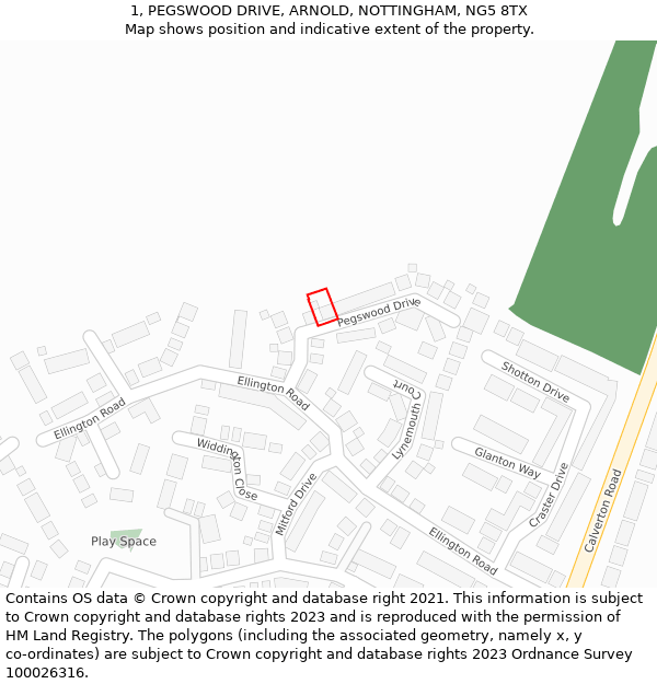 1, PEGSWOOD DRIVE, ARNOLD, NOTTINGHAM, NG5 8TX: Location map and indicative extent of plot