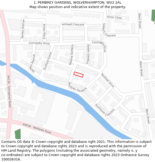 1, PEMBREY GARDENS, WOLVERHAMPTON, WV2 2AL: Location map and indicative extent of plot