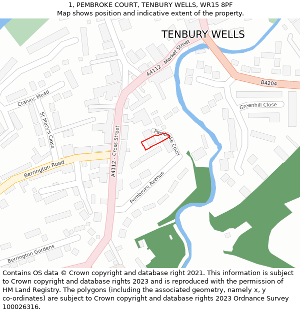 1, PEMBROKE COURT, TENBURY WELLS, WR15 8PF: Location map and indicative extent of plot