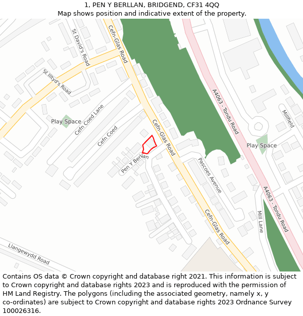 1, PEN Y BERLLAN, BRIDGEND, CF31 4QQ: Location map and indicative extent of plot