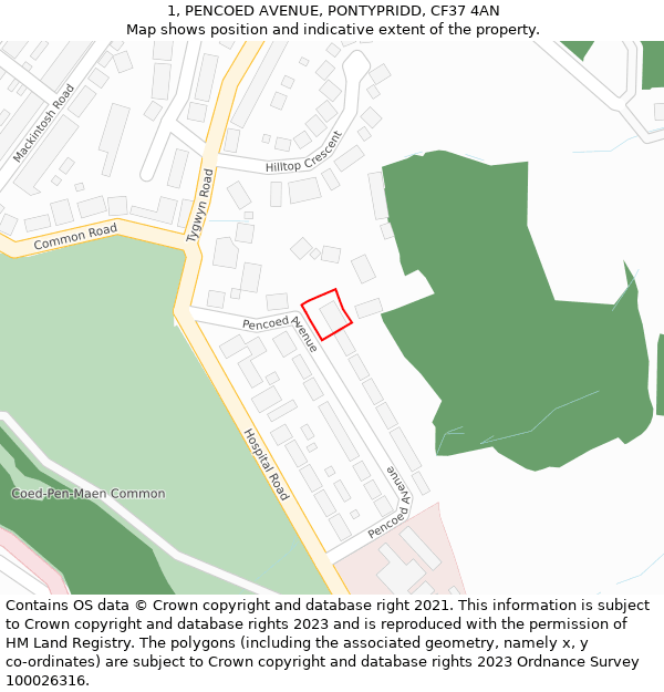 1, PENCOED AVENUE, PONTYPRIDD, CF37 4AN: Location map and indicative extent of plot