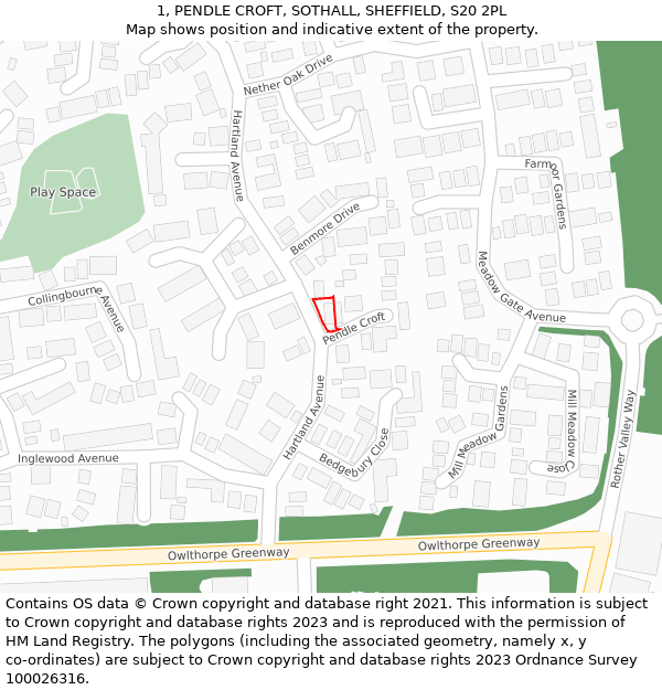 1, PENDLE CROFT, SOTHALL, SHEFFIELD, S20 2PL: Location map and indicative extent of plot