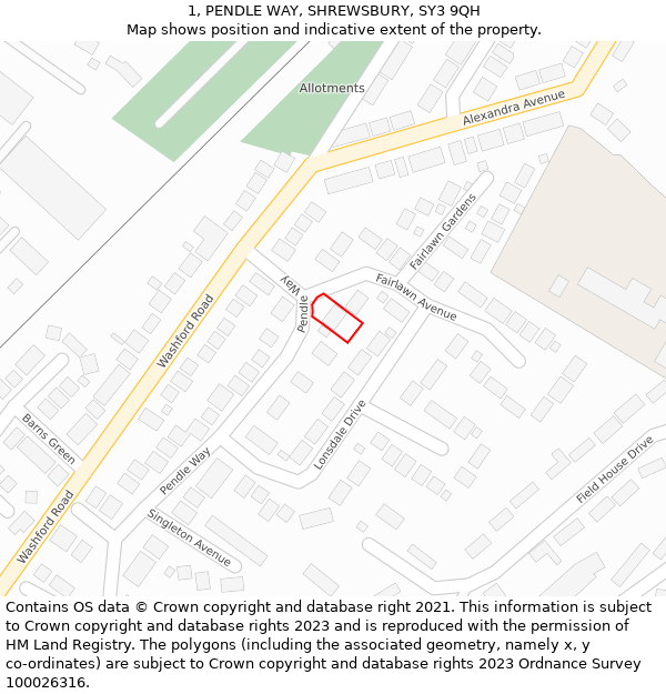 1, PENDLE WAY, SHREWSBURY, SY3 9QH: Location map and indicative extent of plot