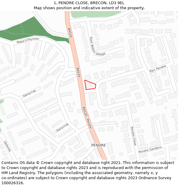 1, PENDRE CLOSE, BRECON, LD3 9EL: Location map and indicative extent of plot