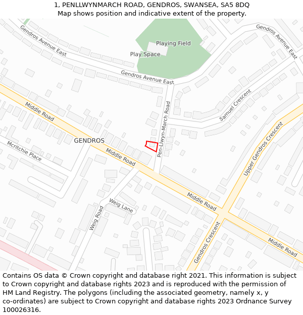 1, PENLLWYNMARCH ROAD, GENDROS, SWANSEA, SA5 8DQ: Location map and indicative extent of plot