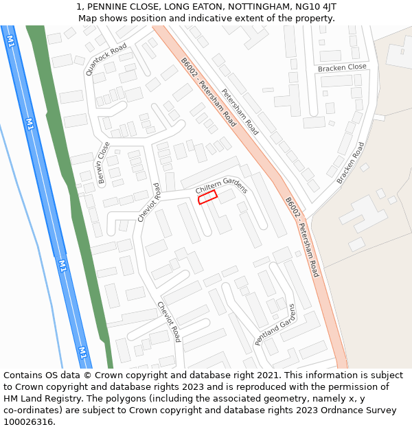 1, PENNINE CLOSE, LONG EATON, NOTTINGHAM, NG10 4JT: Location map and indicative extent of plot