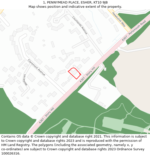 1, PENNYMEAD PLACE, ESHER, KT10 9JB: Location map and indicative extent of plot