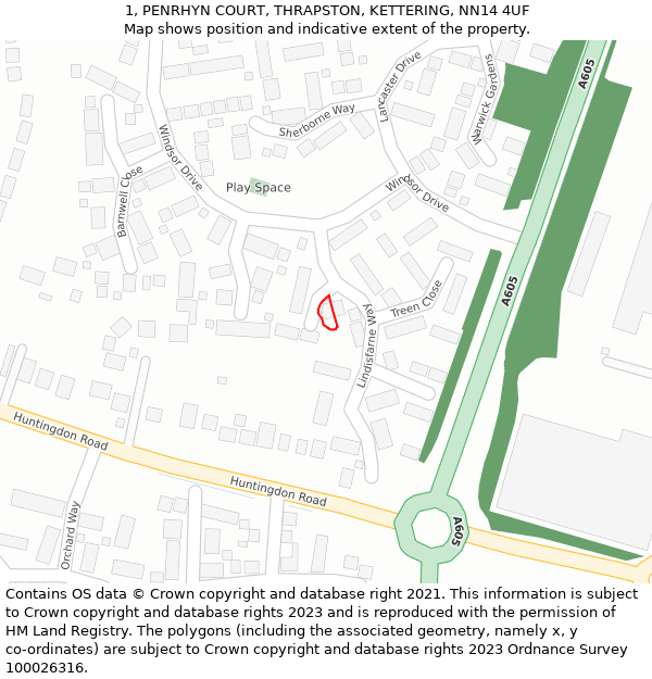 1, PENRHYN COURT, THRAPSTON, KETTERING, NN14 4UF: Location map and indicative extent of plot