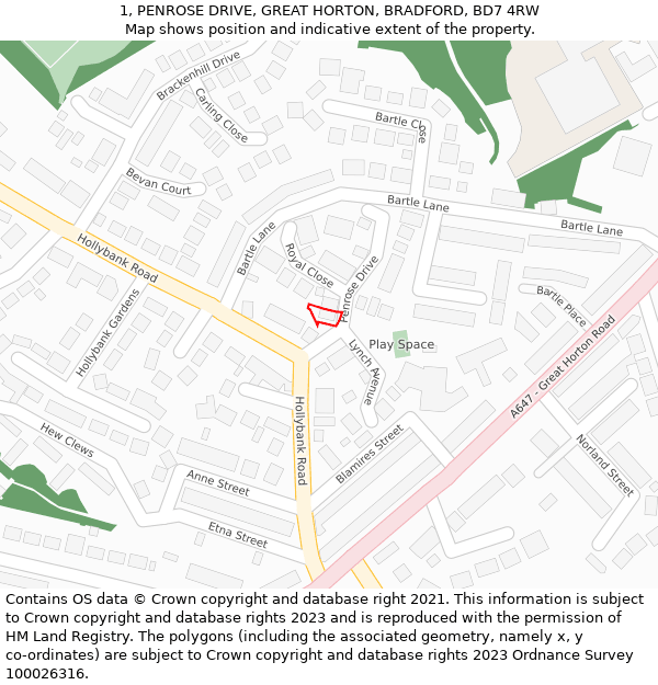 1, PENROSE DRIVE, GREAT HORTON, BRADFORD, BD7 4RW: Location map and indicative extent of plot