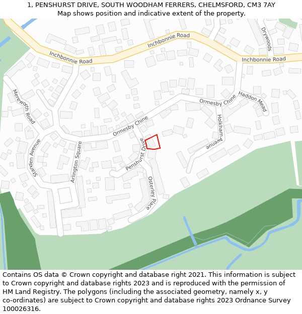 1, PENSHURST DRIVE, SOUTH WOODHAM FERRERS, CHELMSFORD, CM3 7AY: Location map and indicative extent of plot