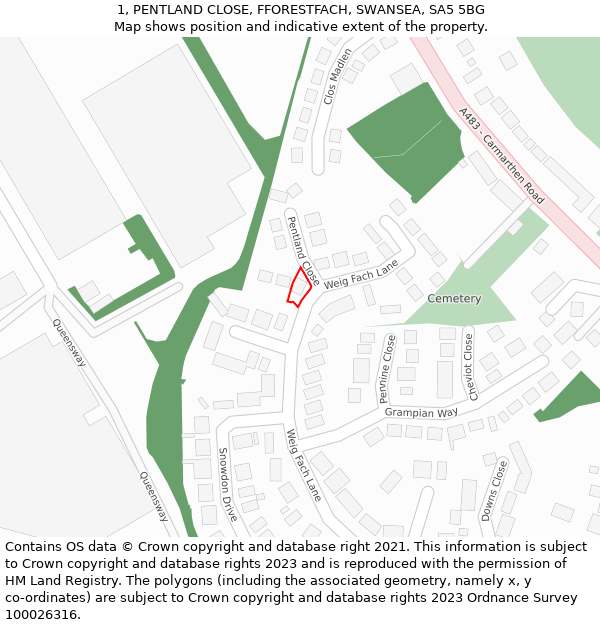 1, PENTLAND CLOSE, FFORESTFACH, SWANSEA, SA5 5BG: Location map and indicative extent of plot