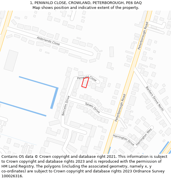 1, PENWALD CLOSE, CROWLAND, PETERBOROUGH, PE6 0AQ: Location map and indicative extent of plot