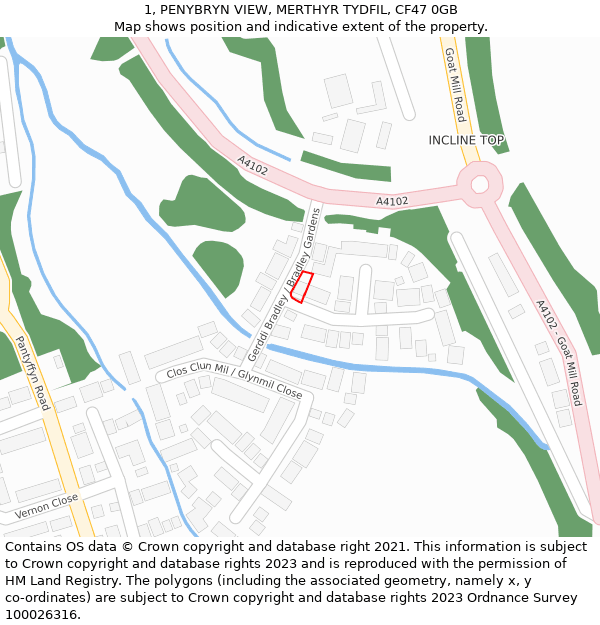 1, PENYBRYN VIEW, MERTHYR TYDFIL, CF47 0GB: Location map and indicative extent of plot