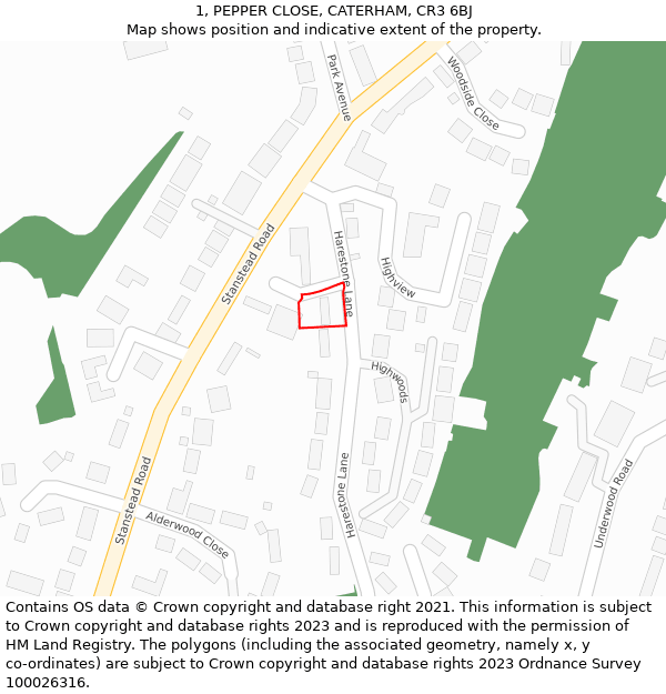 1, PEPPER CLOSE, CATERHAM, CR3 6BJ: Location map and indicative extent of plot