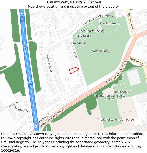 1, PEPYS WAY, BALDOCK, SG7 5AB: Location map and indicative extent of plot