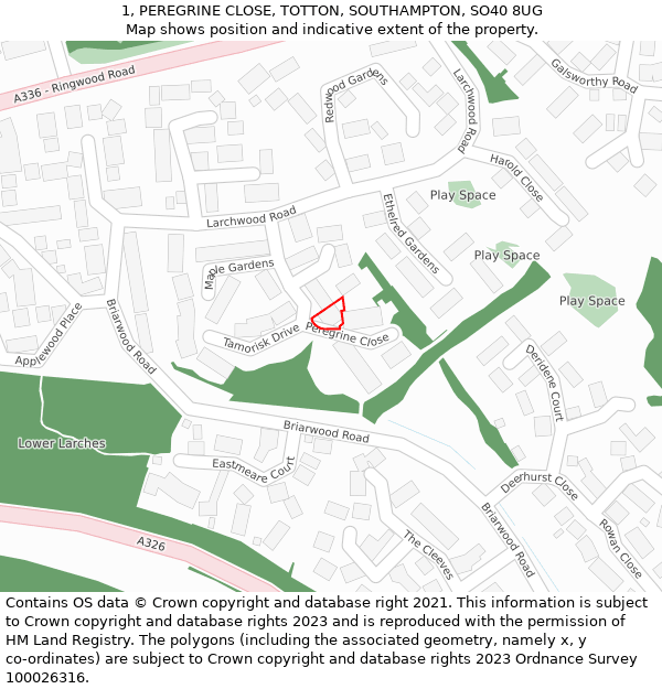 1, PEREGRINE CLOSE, TOTTON, SOUTHAMPTON, SO40 8UG: Location map and indicative extent of plot