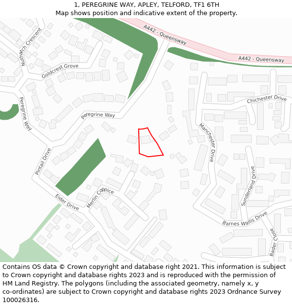 1, PEREGRINE WAY, APLEY, TELFORD, TF1 6TH: Location map and indicative extent of plot