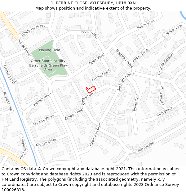1, PERRINE CLOSE, AYLESBURY, HP18 0XN: Location map and indicative extent of plot