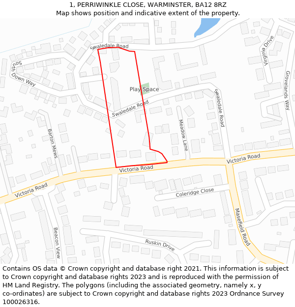 1, PERRIWINKLE CLOSE, WARMINSTER, BA12 8RZ: Location map and indicative extent of plot